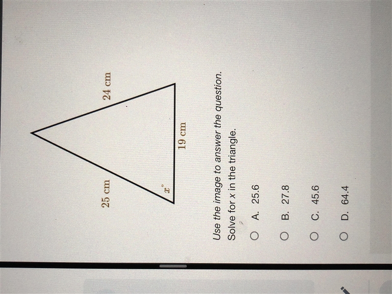 Solve for x in the triangle.-example-2