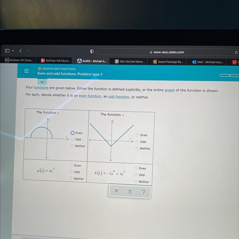 c McGraw-Hill Educa...A ALEKS - Michael A...O GRAPHS AND FUNCTIONSEven and odd functions-example-1
