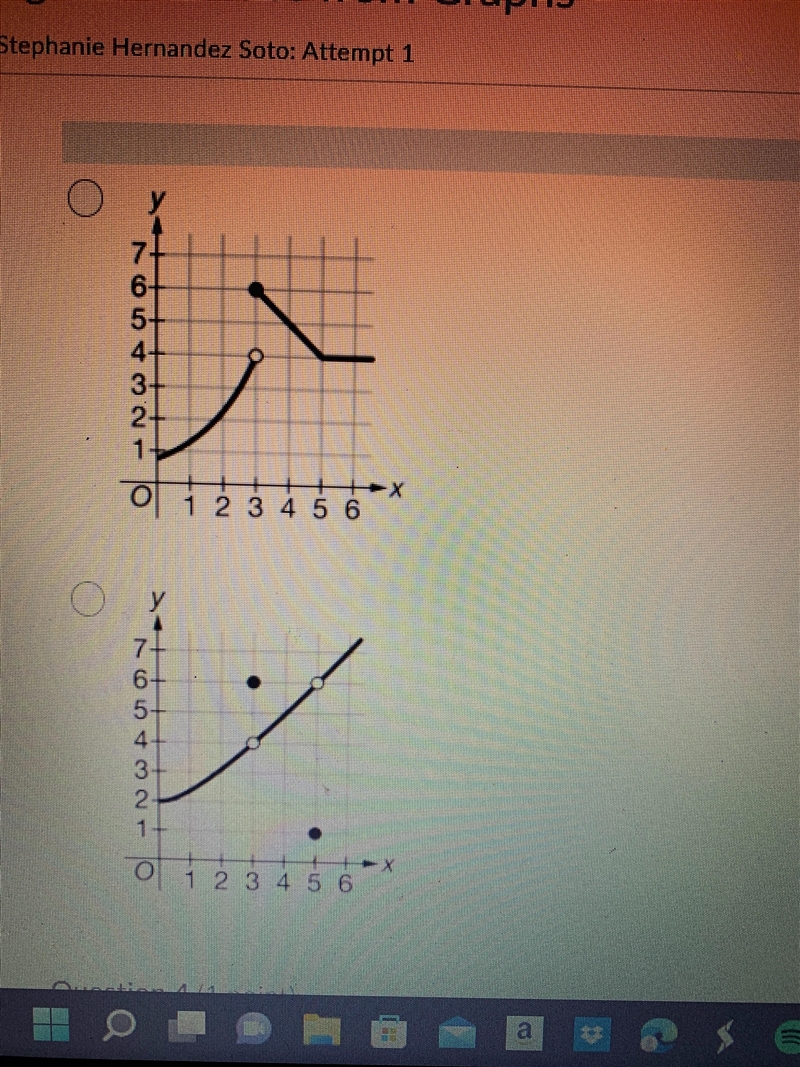 The function f satisfies lim f(x) =6 which of the following could be graph of f-example-2