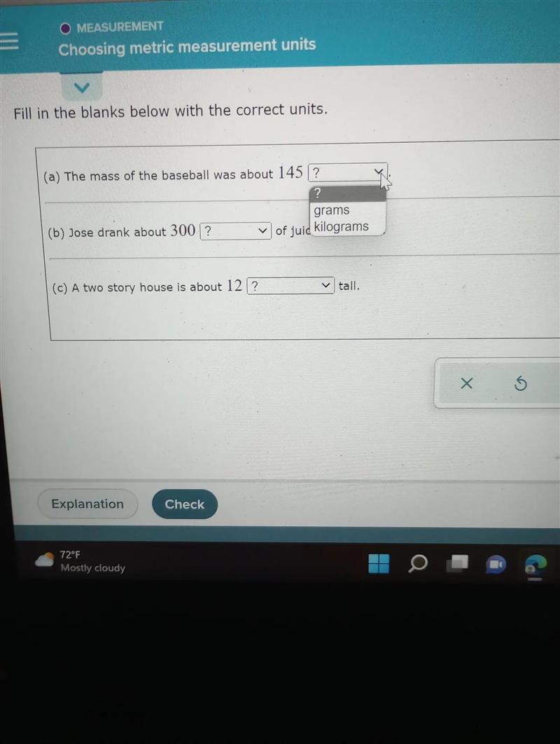 Fill in the blanks below with the correct units. (a) The mass of the baseball was-example-1