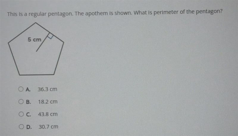 This is a regular pentagon. The apothem is shown. What is perimeter of the pentagon-example-1