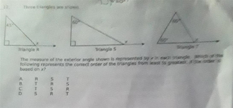 1 Three triangles are shown 60 Triangle R Tangles mlangle T The measure of the exterior-example-1