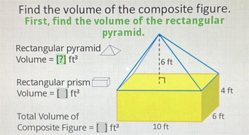 Find the volume of the composite figure.First, find the volume of the rectangularpyramid-example-1