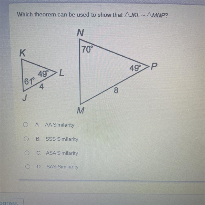 Which theorem can be used to show that LJKL is the same as LMNP a. AA similarity b-example-1