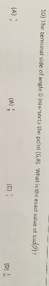 The terminal side of angle o intersects the point (6,8). What is the exact value of-example-1