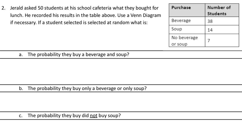 BEVERAGE)38SOUP)14NO BEVERAGE OR SOUP)7Jerald asked 50 students at his school cafeteria-example-1