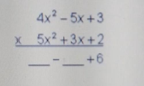 Use the vertical method to multiply two trinomials. Step 1: Multiply the top trinomial-example-1