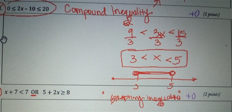 Solve each inequality and graph it's solution set on a number line. 1. 0<2x-10&lt-example-1