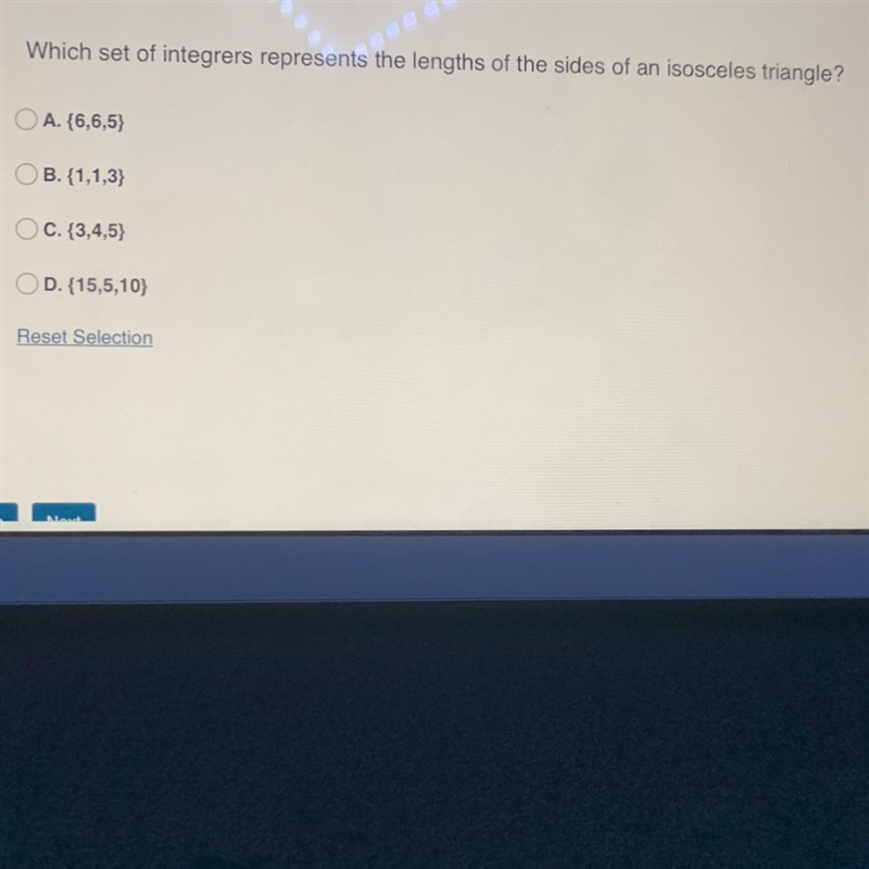 Which set of Integers is represents the length of the sides of an a isosceles triangle-example-1