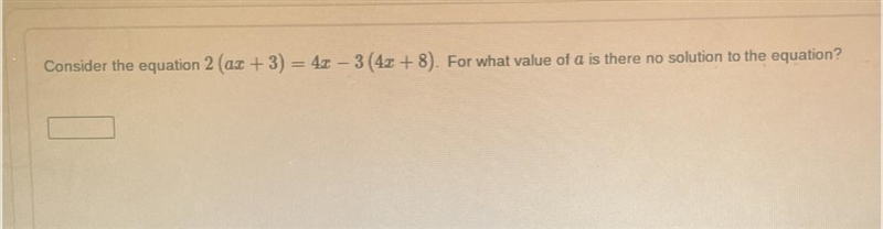 Consider the equation 2 (ax+ 3) = 4x- 3 (4x+ 8). For what value of a is there no solution-example-1