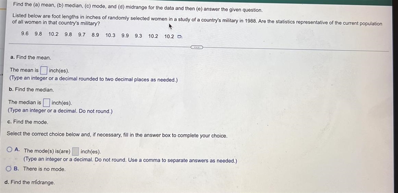 Find the (a) mean, (b) median, (c) mode, and (d) midrange for the data and then (e-example-1