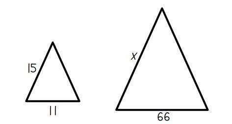 The two triangles below have proportional side lengths. Solve for x.-example-1