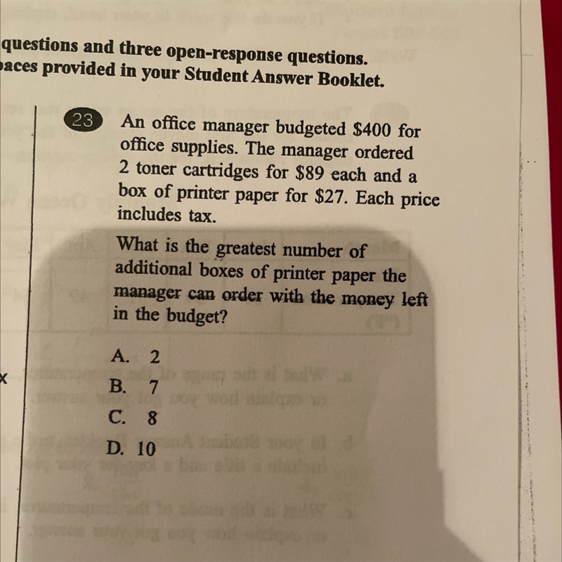 An office manager budgeted $400 for office supplies. The manager ordered 2 toner cartridges-example-1