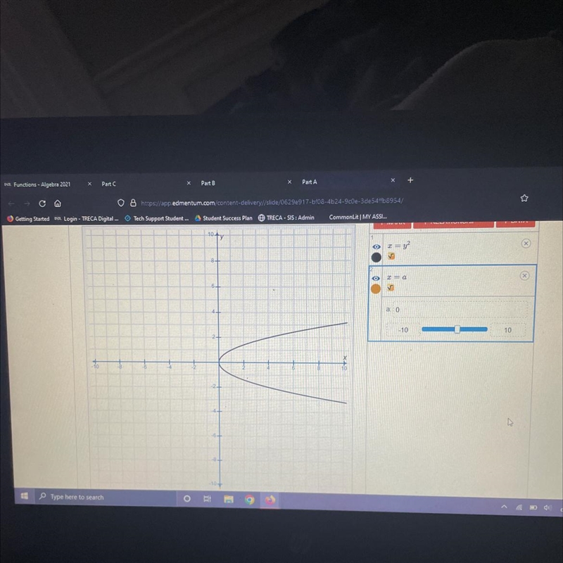 The graph shows the equation x=y^2 use the slider for a to move the vertical line-example-1