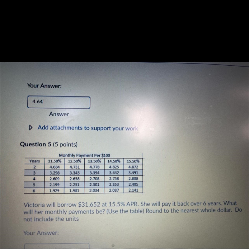 Victoria will borrow $31,652 at 15.5% APR. She will pay it back over 6 years. Whatwill-example-1