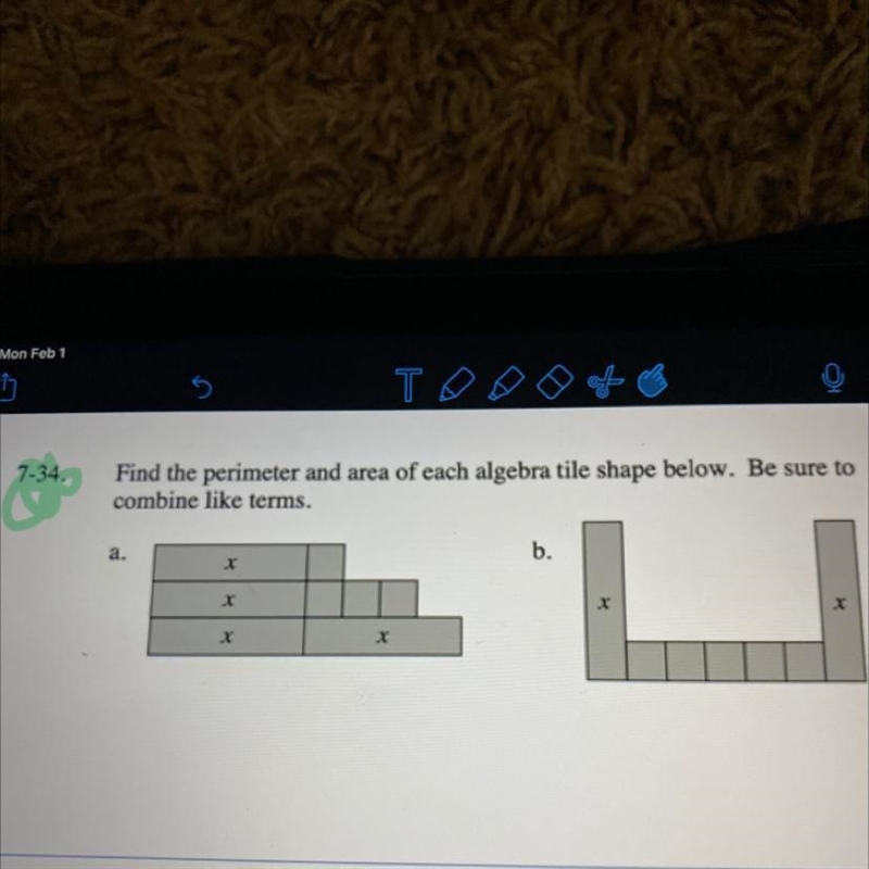 7-34.Find the perimeter and area of each algebra tile shape below. Be sure tocombine-example-1