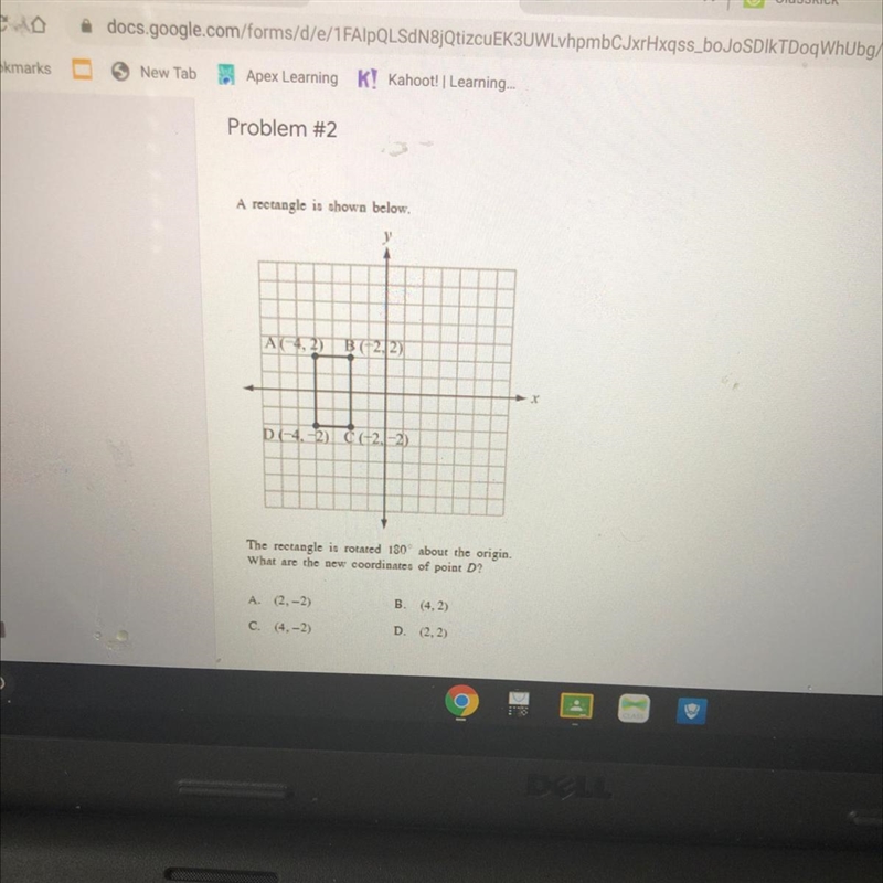 A rectangle is shown belowA(-4,2) B(-2, 2)C(-2, -2)D(-4, -2)The rectangle is rotated-example-1