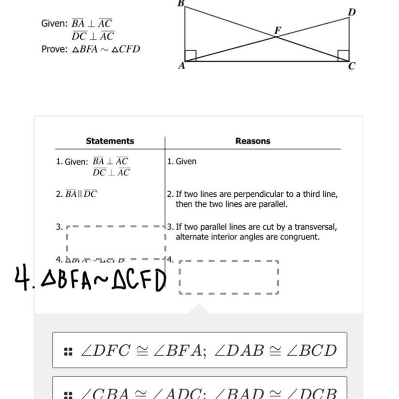 Complete the proof.FGiven: BAI ACDC I ACProve: ABFAACFDStatementsReasons1. Given1. Given-example-1