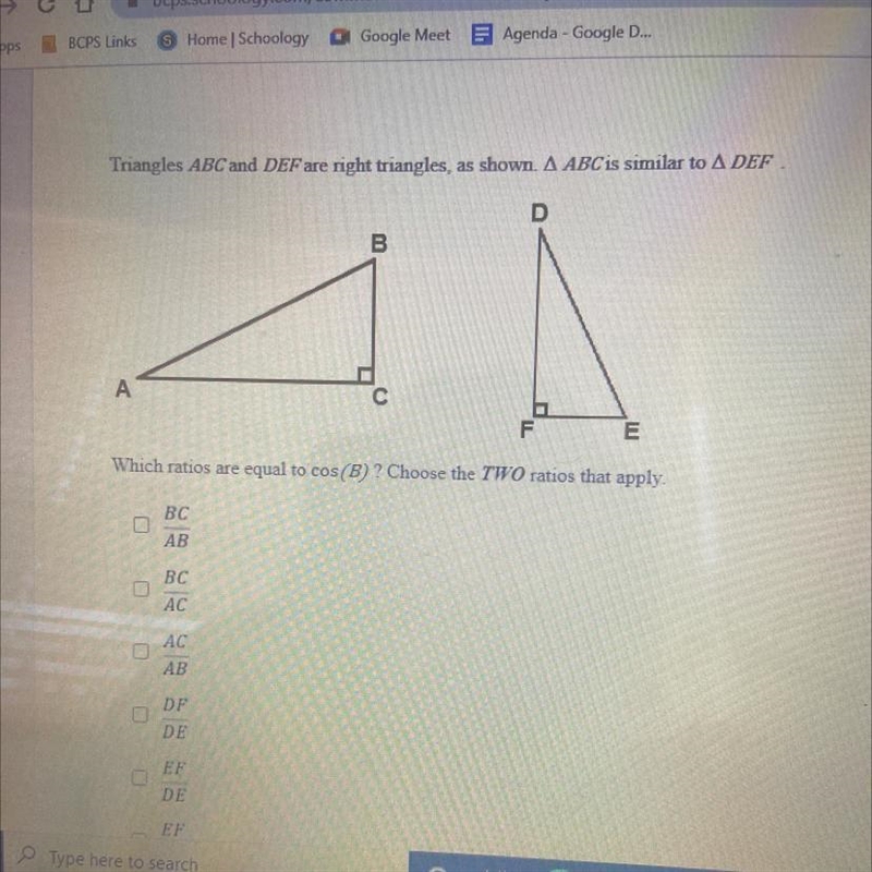 Triangle ABC and DEF are right triangles, as shown.Triangle ABC is similar to triangle-example-1