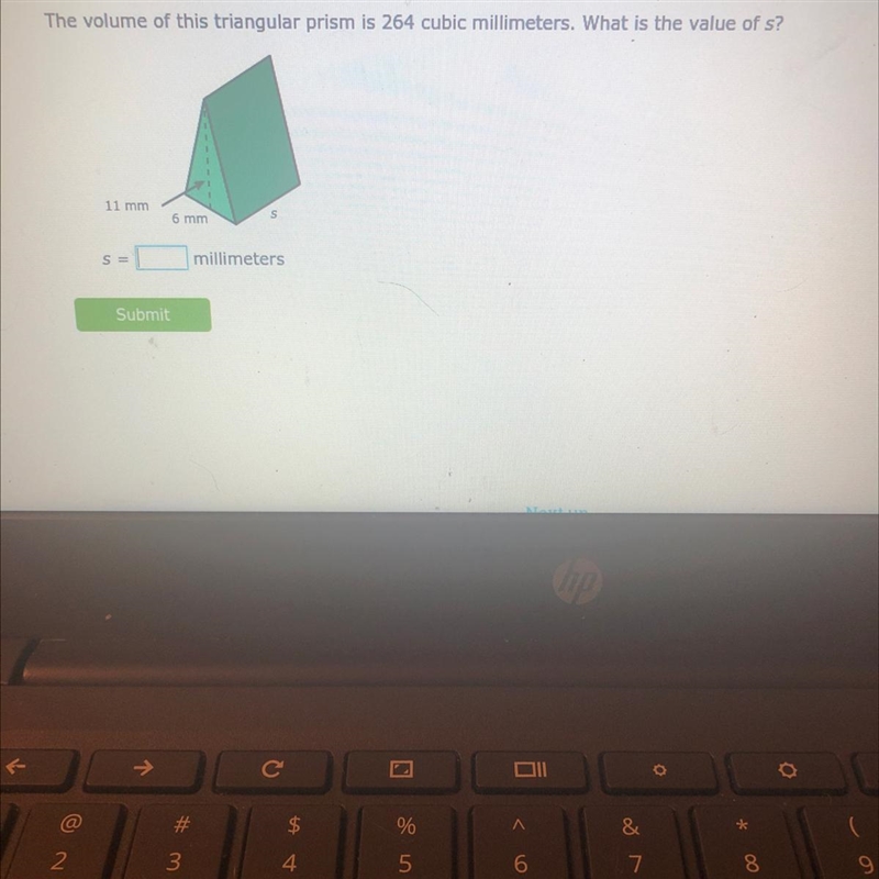 The volume of this triangular prism is 264 cubic millimeters. What is the value of-example-1