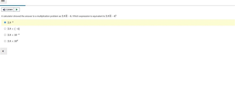 A calculator showed the answer to a multiplication problem as 2.8E −4. Which expression-example-1