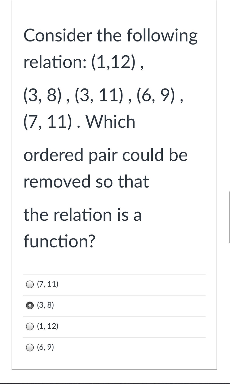 Consider the following relation: (1,12) ,(3, 8) , (3, 11) , (6, 9) , (7, 11) . Whichordered-example-1