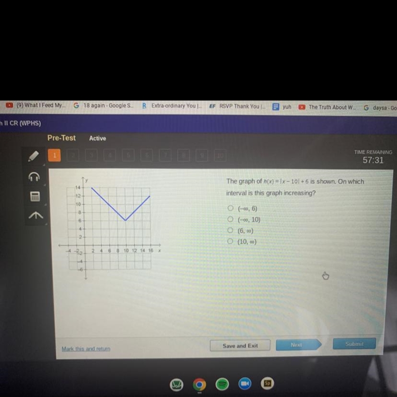 GO1412108642श्री4224-6-24 6 8 10 12 14 16 xThe graph of h(x) = |x-101+6 is shown. On-example-1