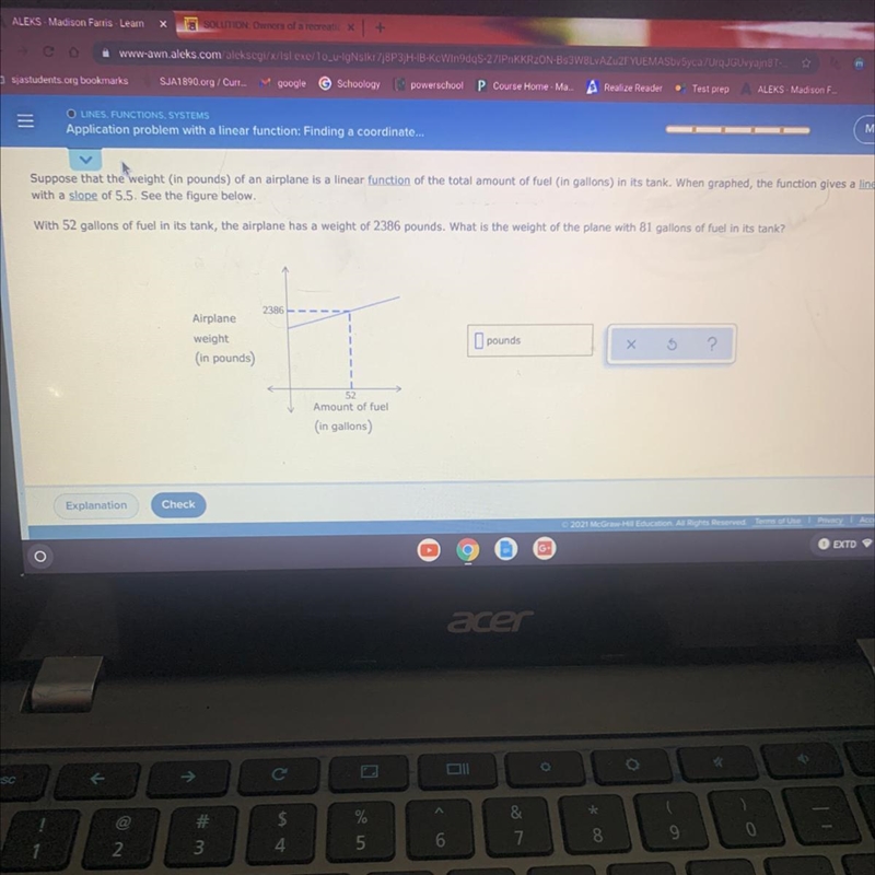 Suppose that the weight (in pounds) of an airplane is a linear function of the total-example-1