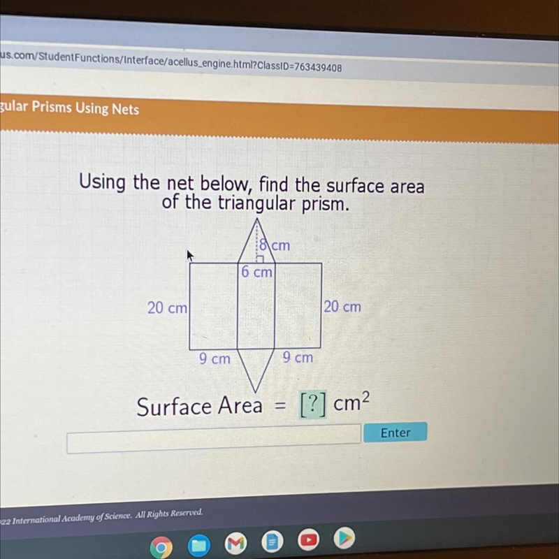 Overy Using the net below, find the surface area of the triangular prism. 8 cm 6 cm-example-1