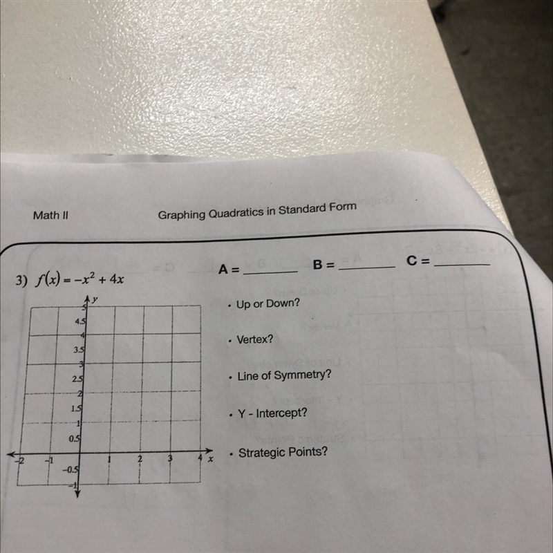 Find the vertex, line of symmetry, y - intercept, strategic points-example-1