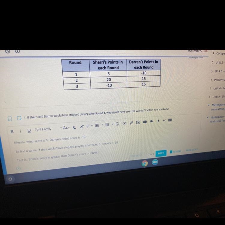 3. Darren won Round 3 of the game. Sherri is wondering if she lost Round 3 by 5 points-example-1