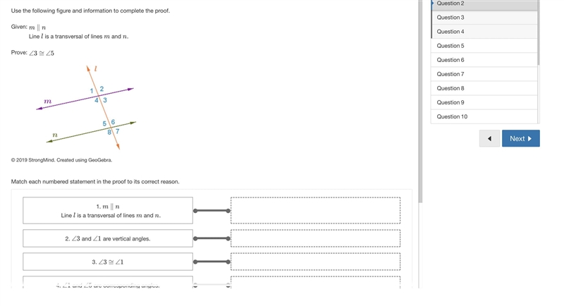 Use the following figure and information to complete the proof. Given: m∥n Line l-example-1