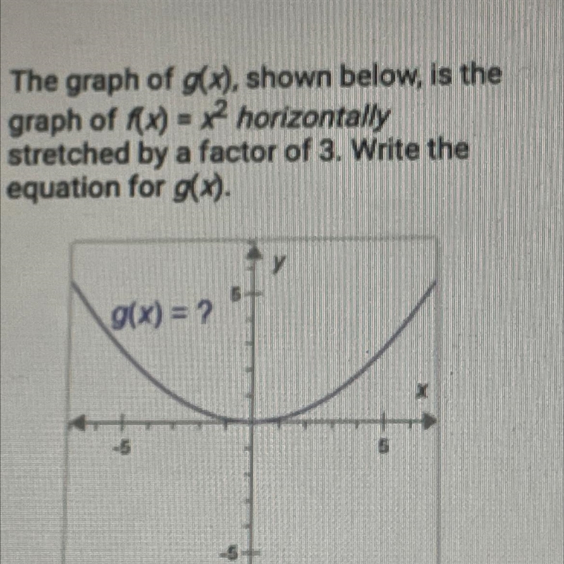 Please help! The graph of g(x) shown below is the graph of f(x)=x2 horizontally stretched-example-1