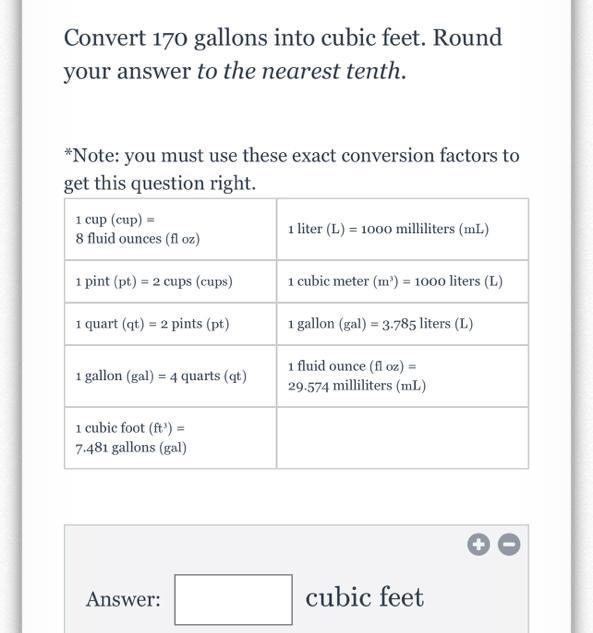 Convert 170 gallons into cubic feet. Round your answer to the nearest tenth. *Note-example-1