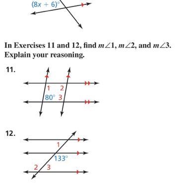 In Exercises 11 and 12, find m/1, m/2, and m/3. Explain your reasoning.-example-1