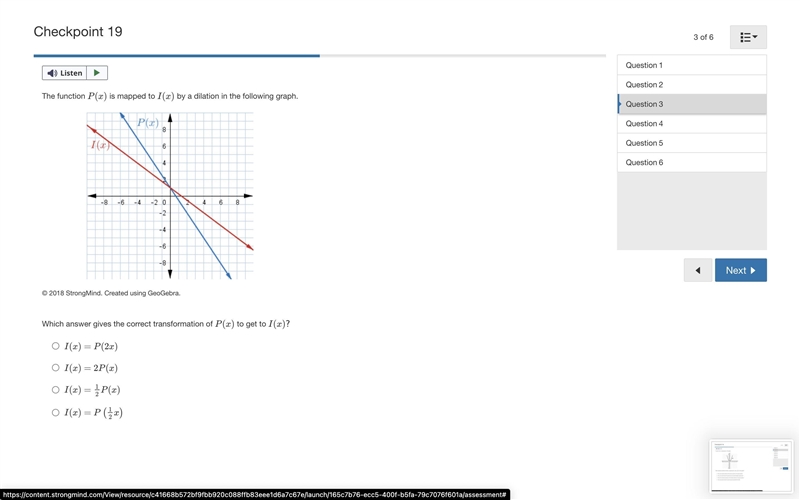 The function P(x) is mapped to I(x) by a dilation in the following graph. Line p of-example-1