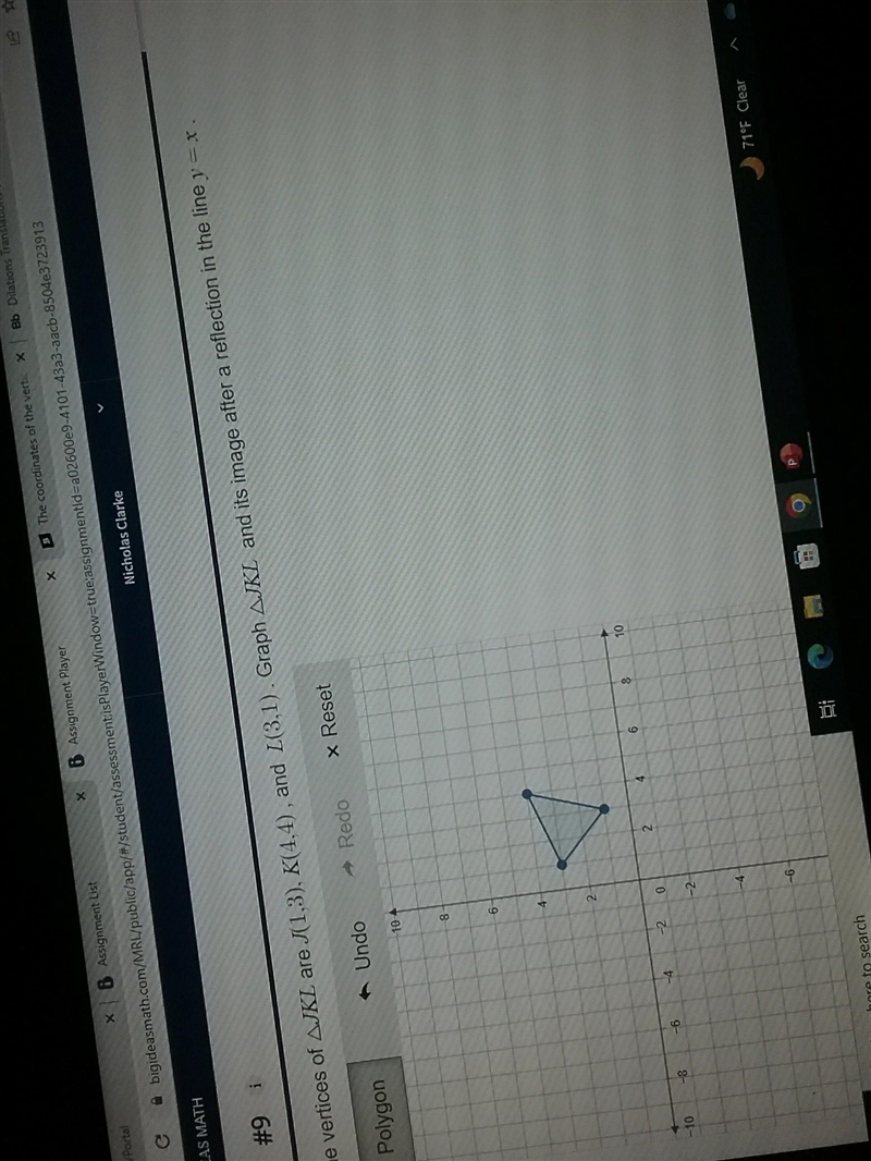 The vertices of AJKL are J(1.3), K(4,4), and L(3,1). Graph AJKL and its image after-example-1