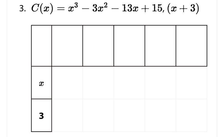 3. C(x) = x³ – 3x² − 13x + 15, (x + 3) Please use the box method to find factored-example-1