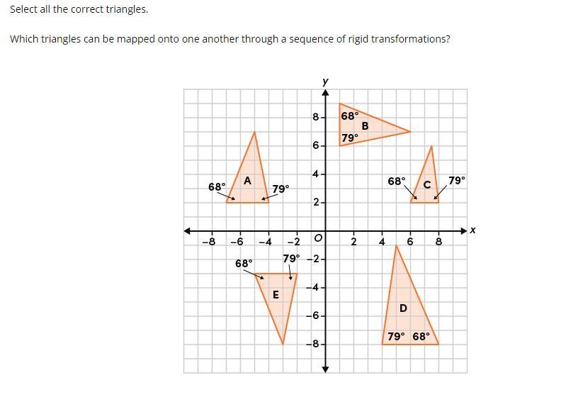 Which triangles can be mapped onto one another through a sequence of rigid transformations-example-1