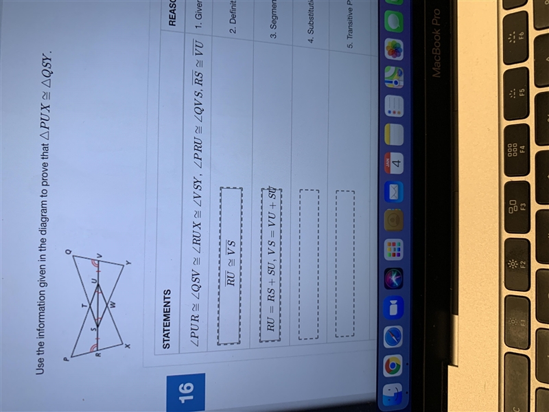 Use the information in the given diagram to prove that triangle PUX is congruent to-example-2