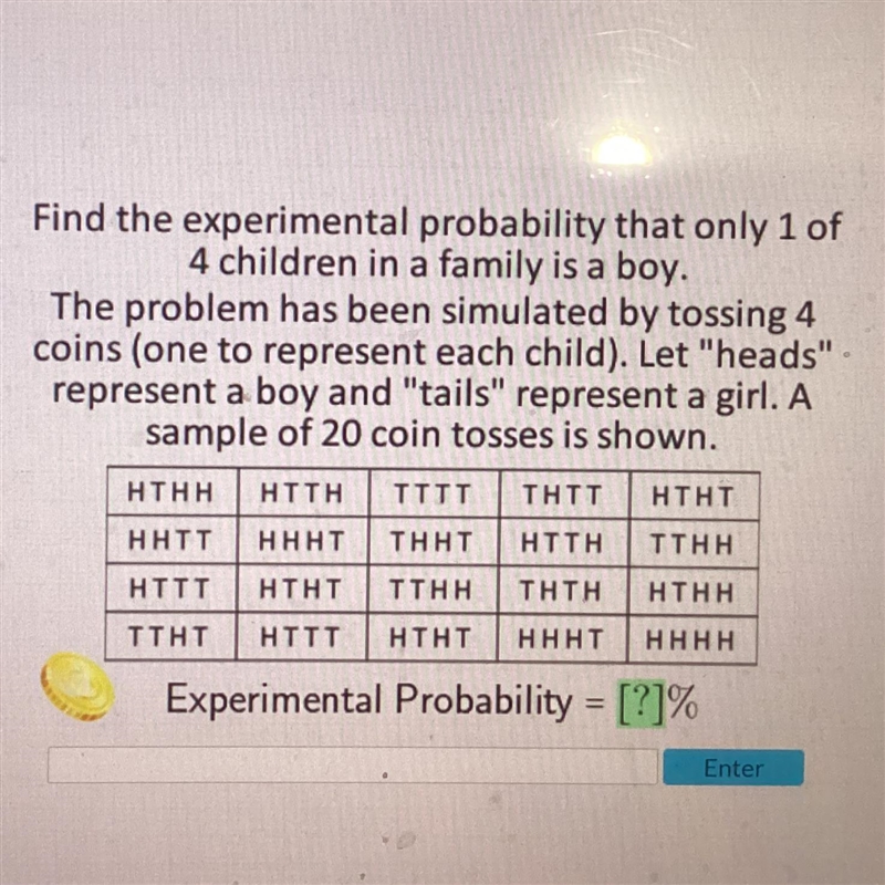 Find the experimental probability that only 1 of 4 children in a family is a boy.-example-1