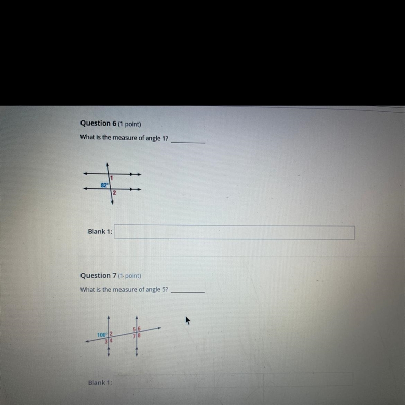 6.)What is the measure of angle 1? 7.)What is the measure of angle 5?-example-1