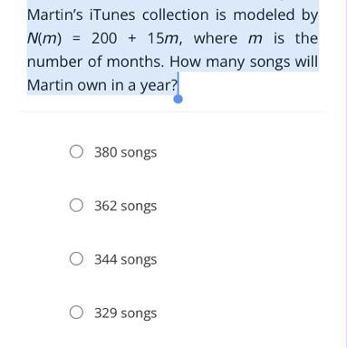 Martin is planning to collect new songs in his iTunes. The number of songs in Martin-example-1