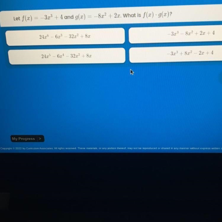 Let F(x) ￼= -3X^3￼ +4 and G(x)=-8^2+2x. What is f(x) *g(x)?￼-example-1