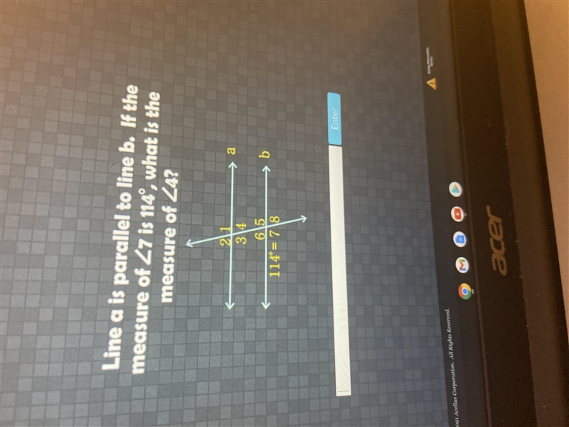 Line a is parallel to line b. If themeasure of 27 is 114, what is themeasure of 24234615114 = 78b-example-1