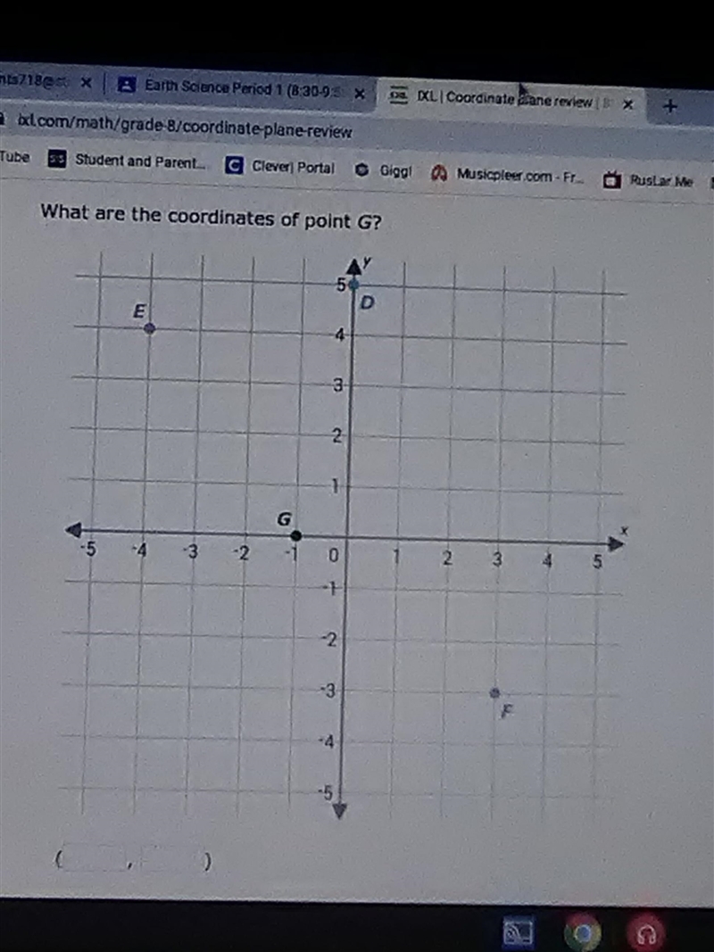 You Tube SS Student and par What are the coordinates of point G? 5 D E 4 3 2 1 -5 -4 3 -2 -1 0 2 3 4. 5 -1 N-example-1