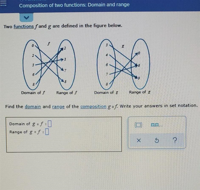 two functions f and g are defined in the figure below. find the domain and range of-example-1