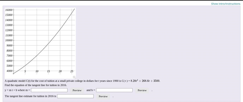 A quadratic model C(t) for the cost of tuition at a small private college in dollars-example-1