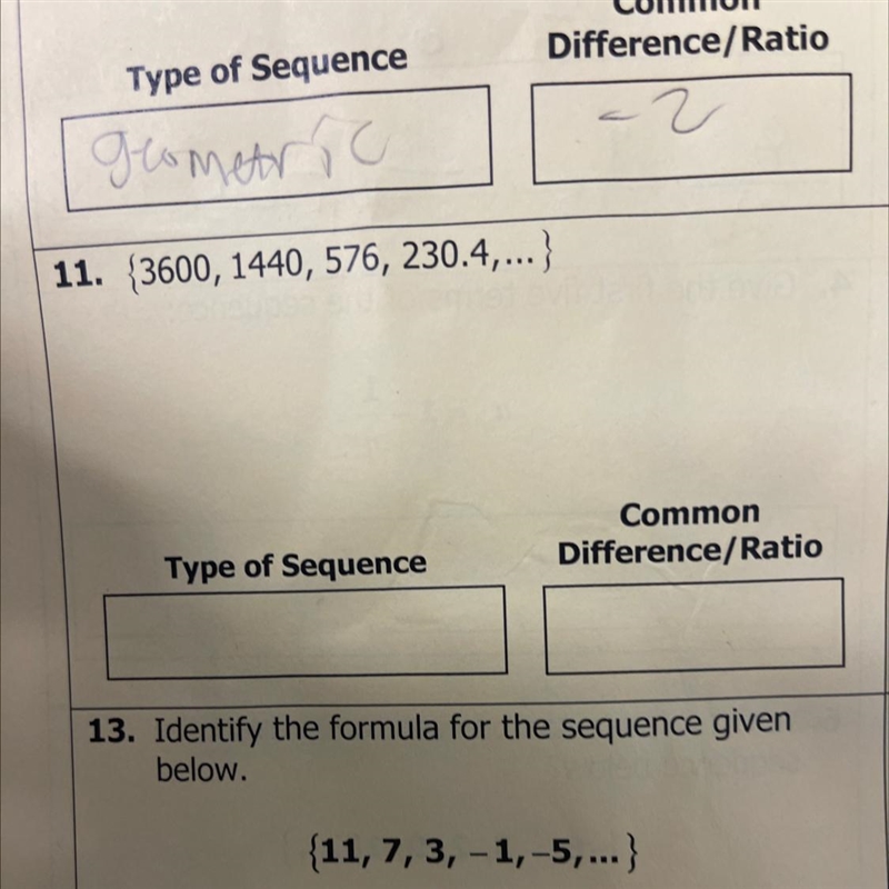 What is the type of sequence and the common difference/ratio for question 11-example-1