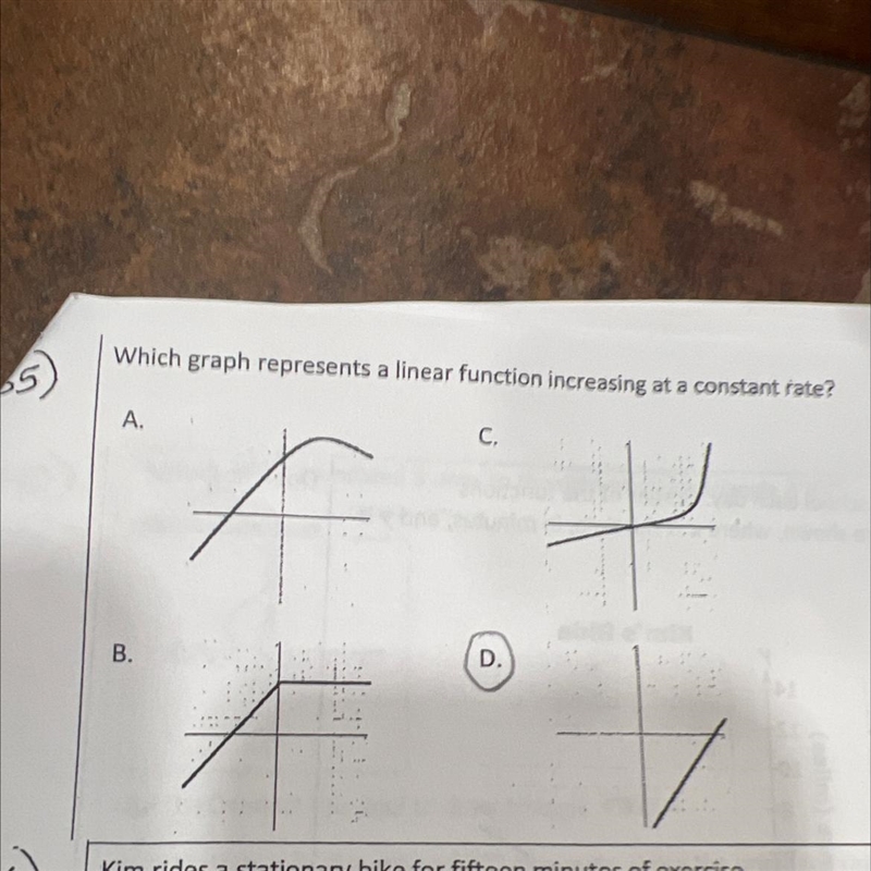 Which graph represents a linear function increasing at a constant rate-example-1